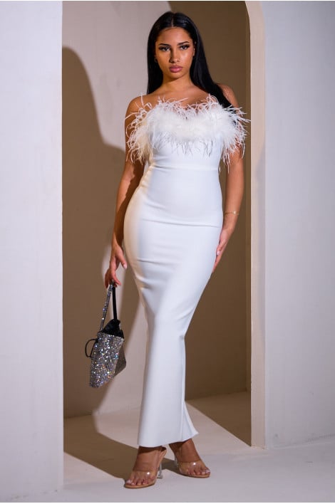 Robe blanche bustier à plumes