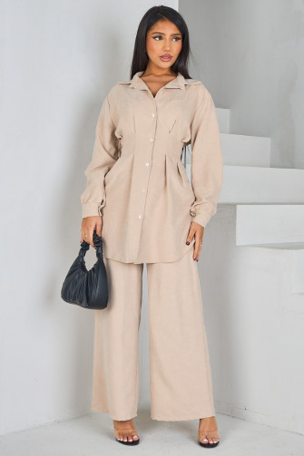 Ensemble 2 pièces blouse + pantalon ample beige