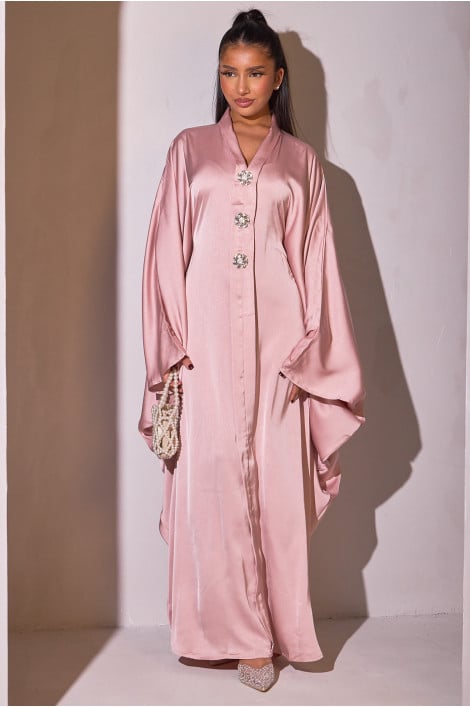 Abaya rose ample à strass en forme de fleurs