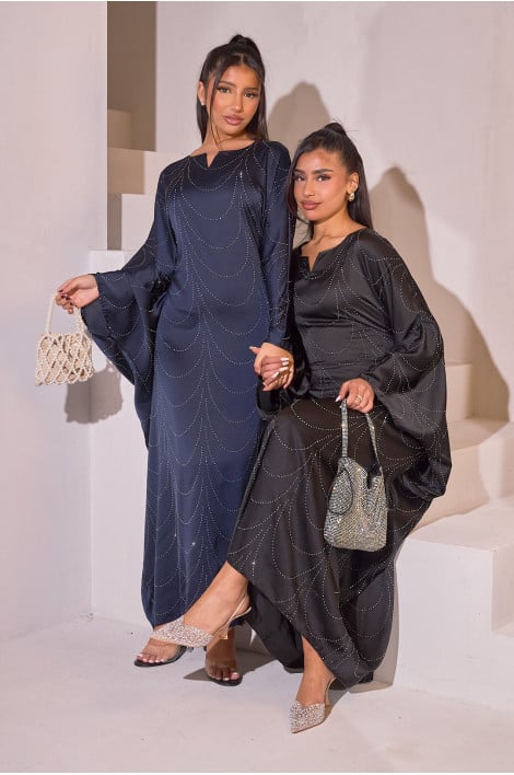 Abaya bleu foncé à strass col V