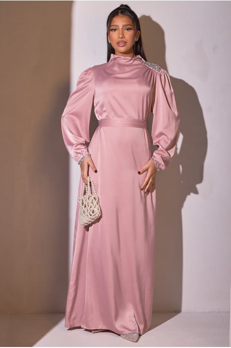 Abaya satinée rose à strass