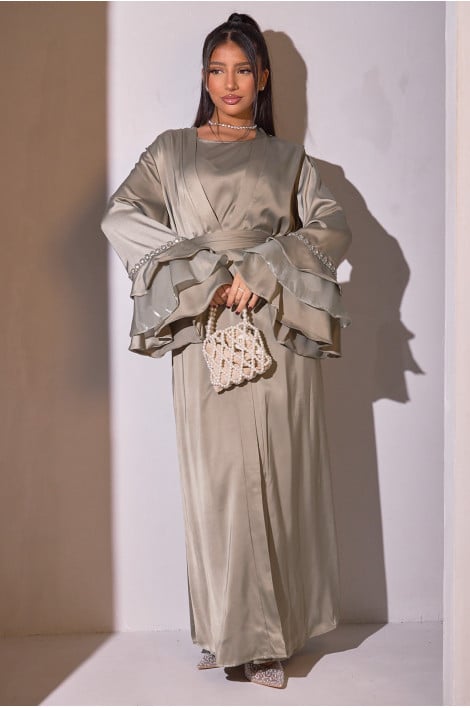 Ensemble 2 pièces abaya + kimono vert avec empiècement sur les manches