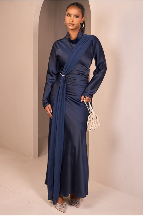 Green pleated dress with voile yoke