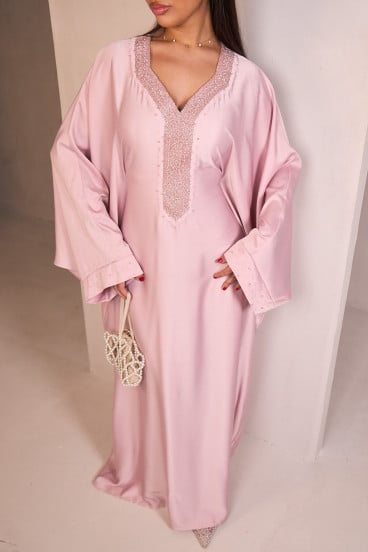 Abaya beige foncé satinée à perles sur le col