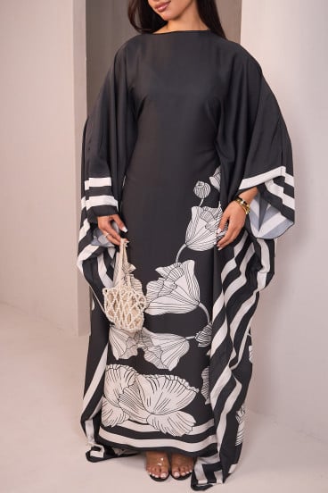 Abaya noir satinée avec motif fleuri