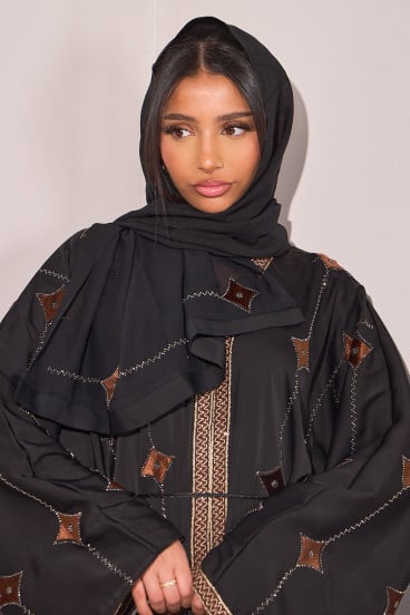 Abaya noire à empiècement losange et strass + voile