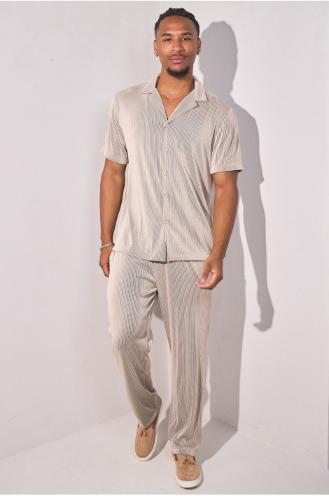 Ensemble 2 pièces plissé chemise + pantalon beige