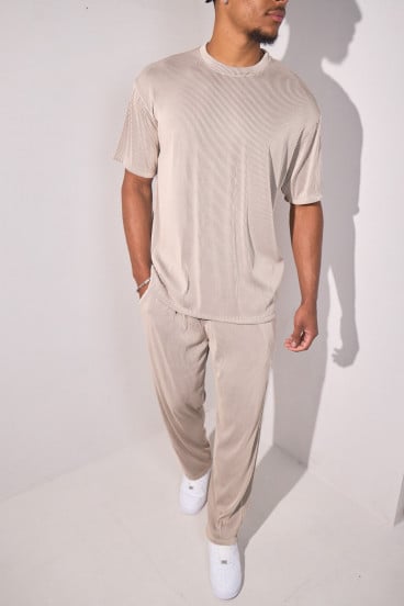 Ensemble 2 pièces plissé haut + pantalon beige