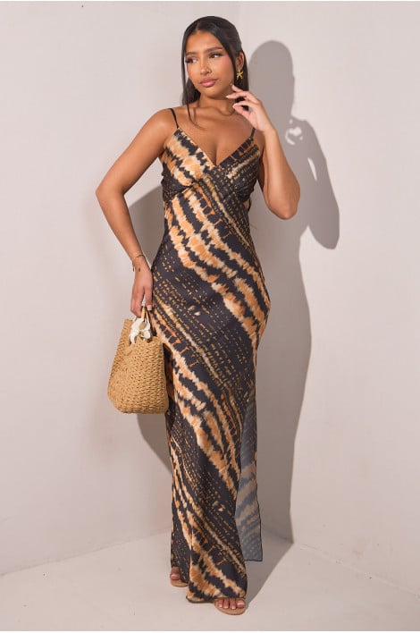 Robe longue satinée bicolore noire et orange avec fente