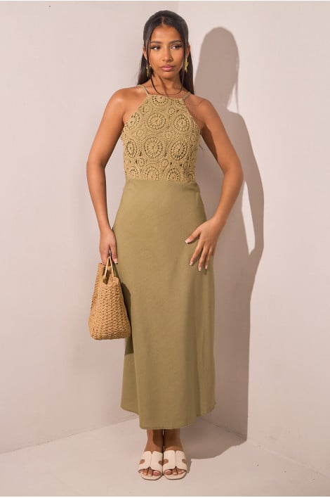 Robe longue en lin kaki à empiècement crochet