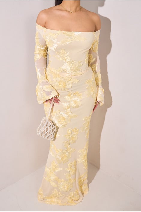 Ensemble 2 pièces jaune brodé en tulle top + jupe longue