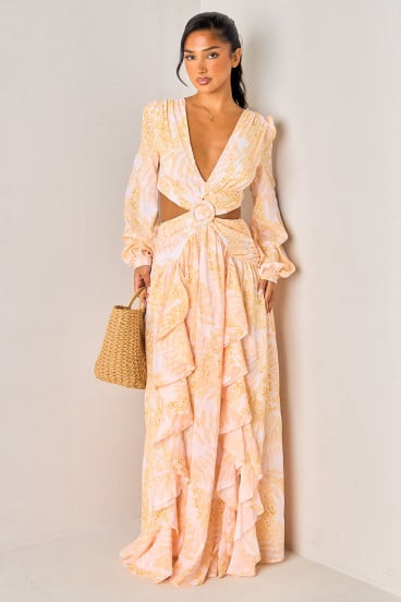 Robe jaune à dos nu et volants imprimée nature