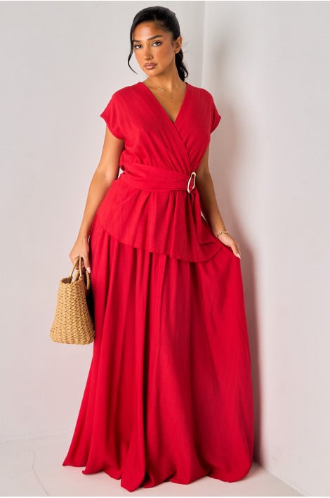 Ensemble 2 pièces rouge texturé top + jupe longue