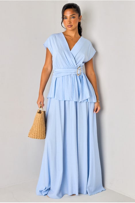 Ensemble 2 pièces bleu clair texturé top + jupe longue