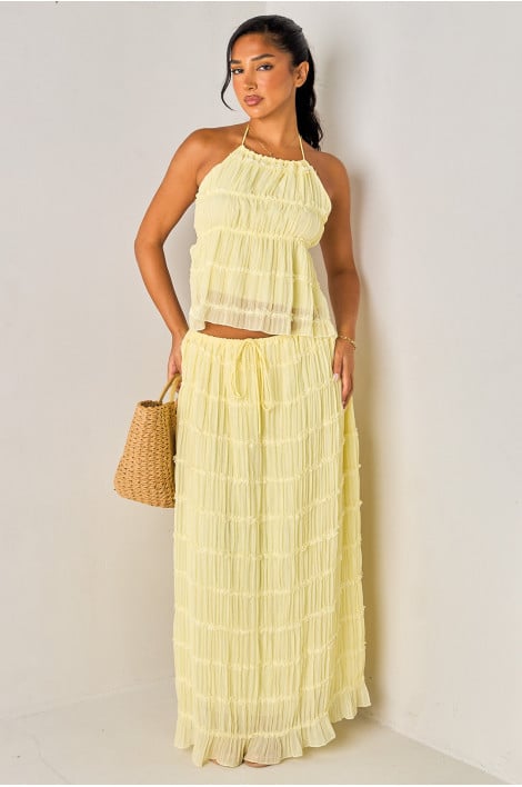 Ensemble 2 pièces jaune froncé et plissé top dos nu + jupe longue