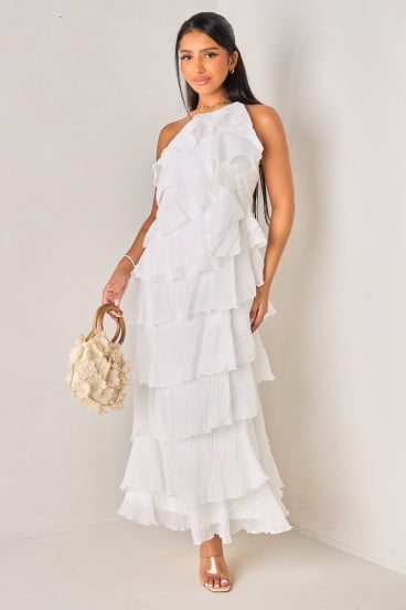 Robe longue blanc à dos nu et volants