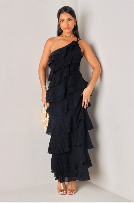 Robe longue noir à dos nu et volants