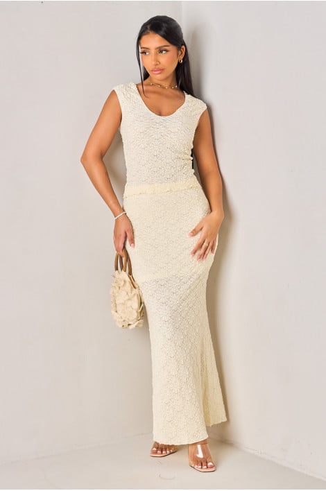 Ensembles 2 pièces gaufré crème top + jupe longue