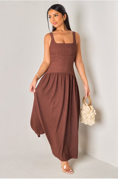 Robe longue marron dos nu en crêpe