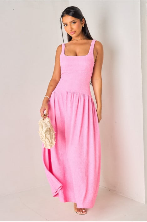 Robe longue rose dos nu en crêpe