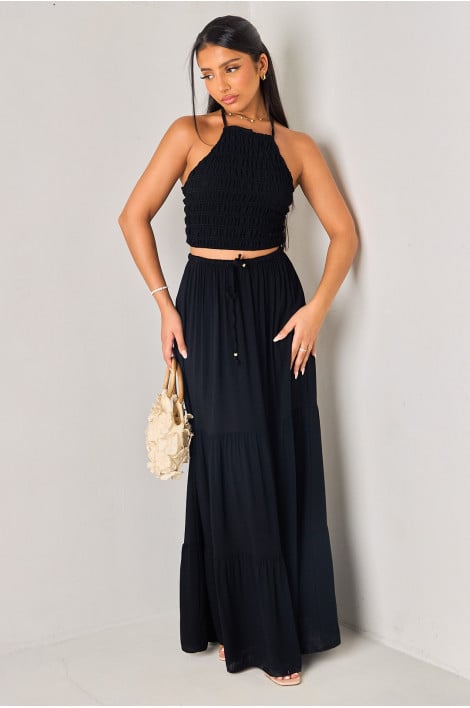 Ensembles 2 pièces noir crop top dos nu + jupe longue