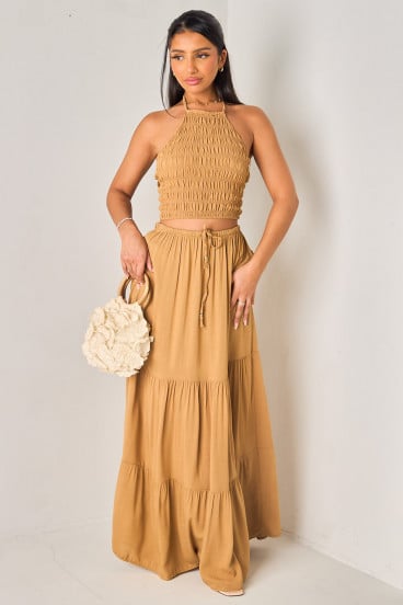 Ensembles 2 pièces camel crop top dos nu + jupe longue