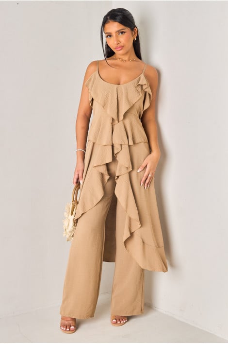 Ensemble 2 pièces taupe top asymétrique long + pantalon