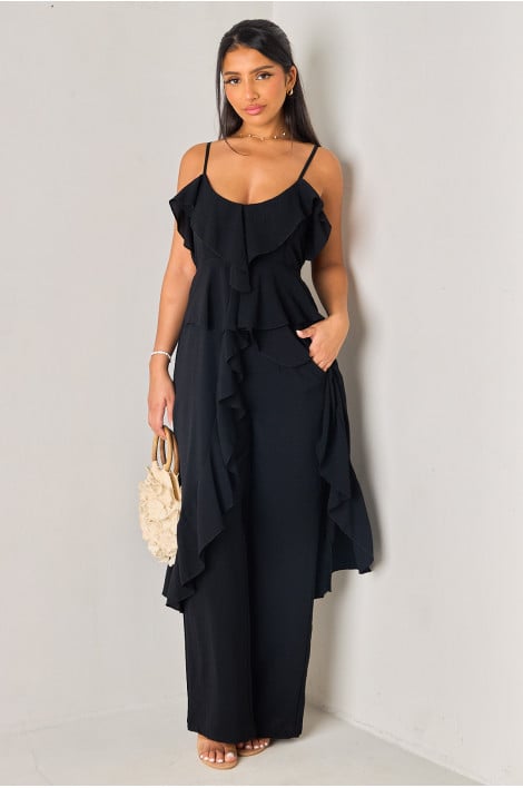 Ensemble 2 pièces noir top asymétrique long + pantalon