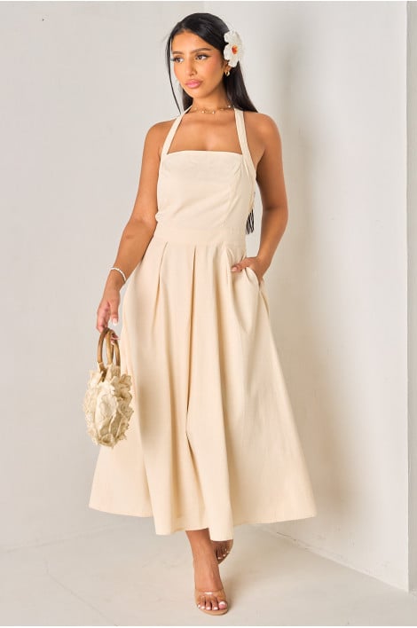 Robe évasée mi-longue beige à dos nu et bretelles