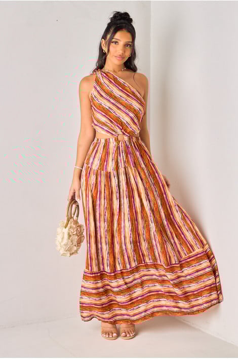 Robe longue asymétrique orange à rayures