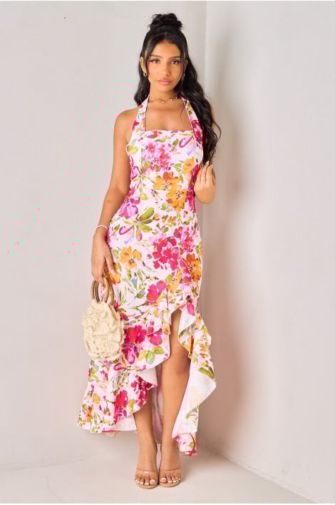Robe longue blanche imprimé fleurs à fente et volants