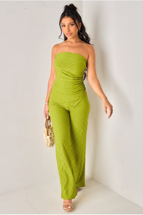 Ensembles 2 pièces vert olive ajouré top bustier asymétrique + pantalon