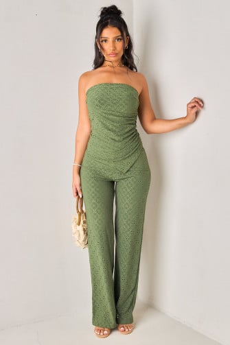 Ensembles 2 pièces kaki ajouré top bustier asymétrique + pantalon