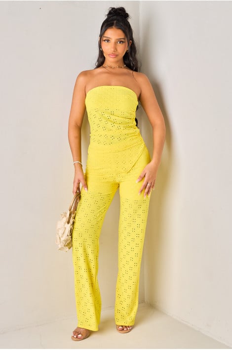 Ensembles 2 pièces jaune ajouré top bustier asymétrique + pantalon