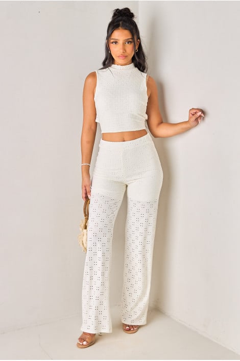 Ensembles 2 pièces blanc ajouré top dos nu + pantalon
