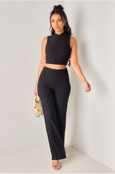 Ensembles 2 pièces noir ajouré top dos nu + pantalon