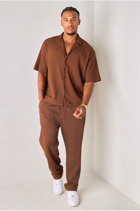 Ensemble 2 pièces marron rayé bi-textures chemise + pantalon