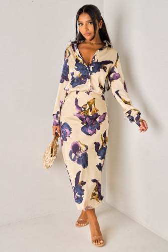 Ensemble 2 pièces beige satiné imprimé fleurs chemise + jupe