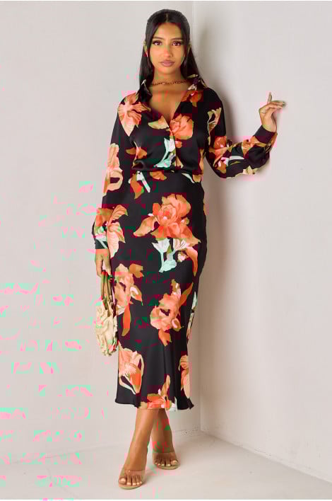 Ensemble 2 pièces noir satiné imprimé fleurs chemise + jupe