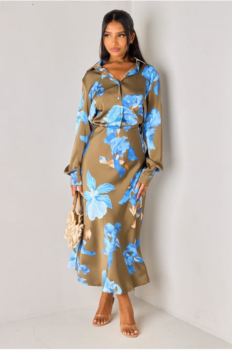 Ensemble 2 pièces bleu satiné imprimé fleurs chemise + jupe